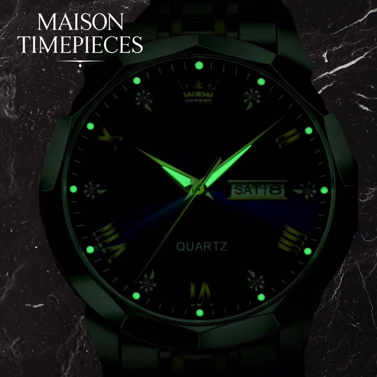 Maison Timepieces watch with green glowing face on a dark background