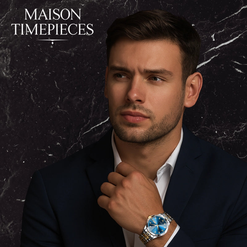 Man wearing a watch with 'MAISON TIMEPIECES' branding on a dark marble background