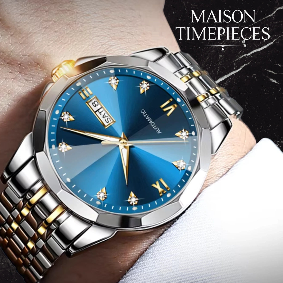Luxury watch with blue dial and gold accents on a wrist, branded 'MAISON TIMEPIECES'.