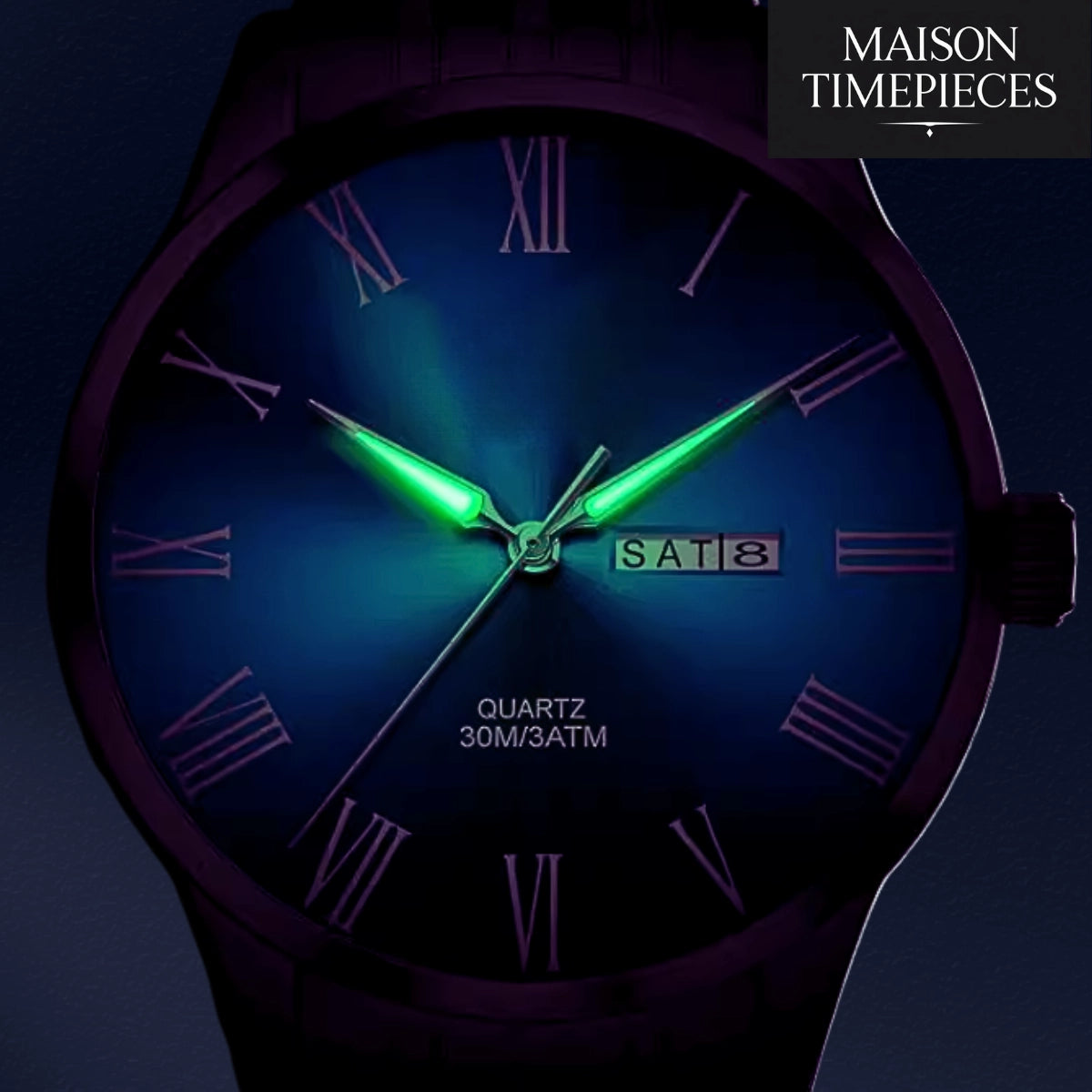 Watch with glowing green hands on a dark background, featuring the brand 'Maison Timepieces'.