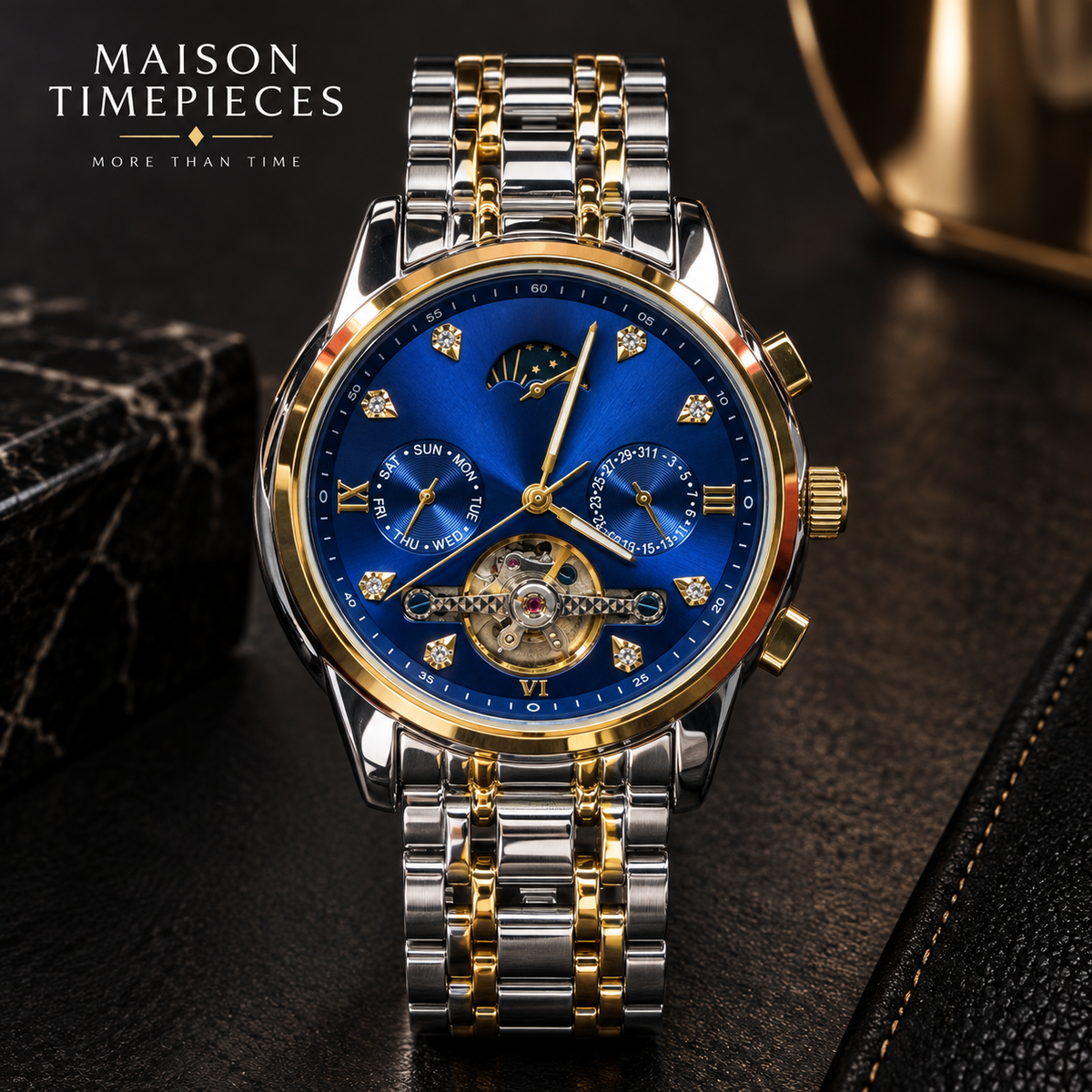 Automatic blue dial watch with two-tone gold and silver bracelet, open mechanical display and multifunction dial