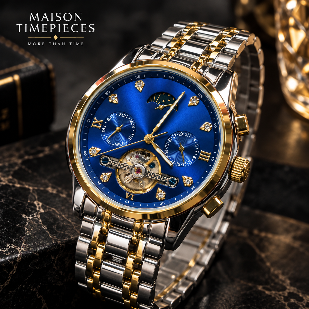 Luxury automatic blue dial watch shown at an angled view with gold-tone bezel and two-tone metal bracelet