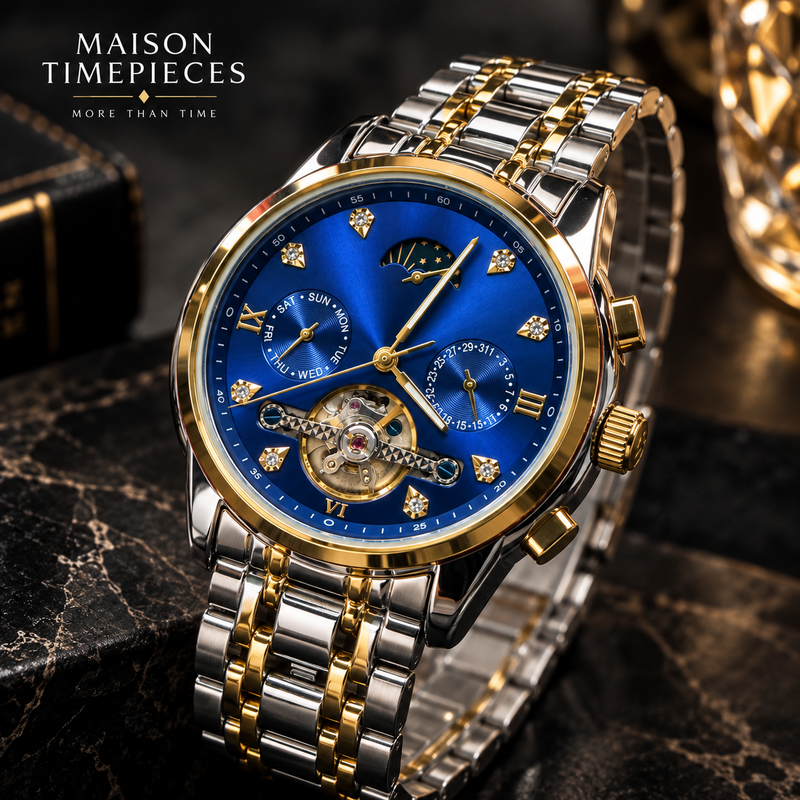 Luxury automatic blue dial watch shown at an angled view with gold-tone bezel and two-tone metal bracelet