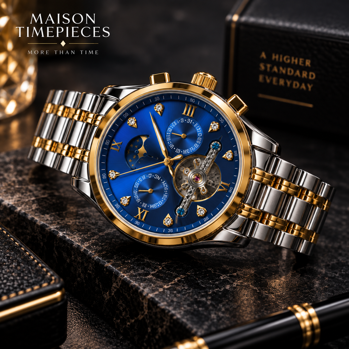 Two-tone automatic blue dial watch displayed on a dark luxury surface with gold and silver bracelet