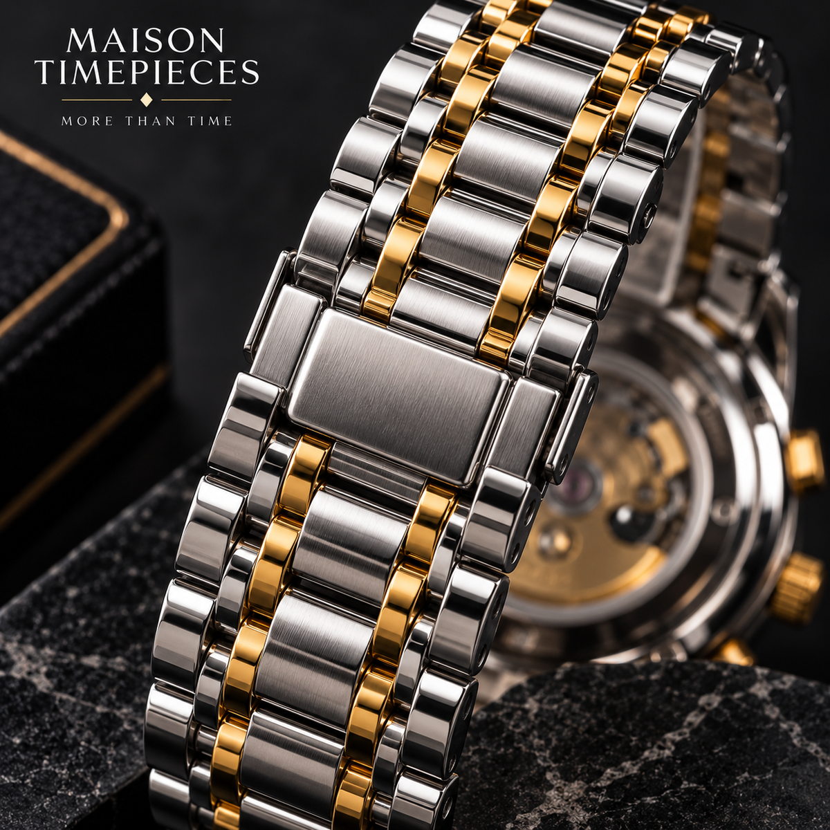 Premium automatic blue dial watch with open mechanical display, gold-tone bezel and two-tone metal bracelet