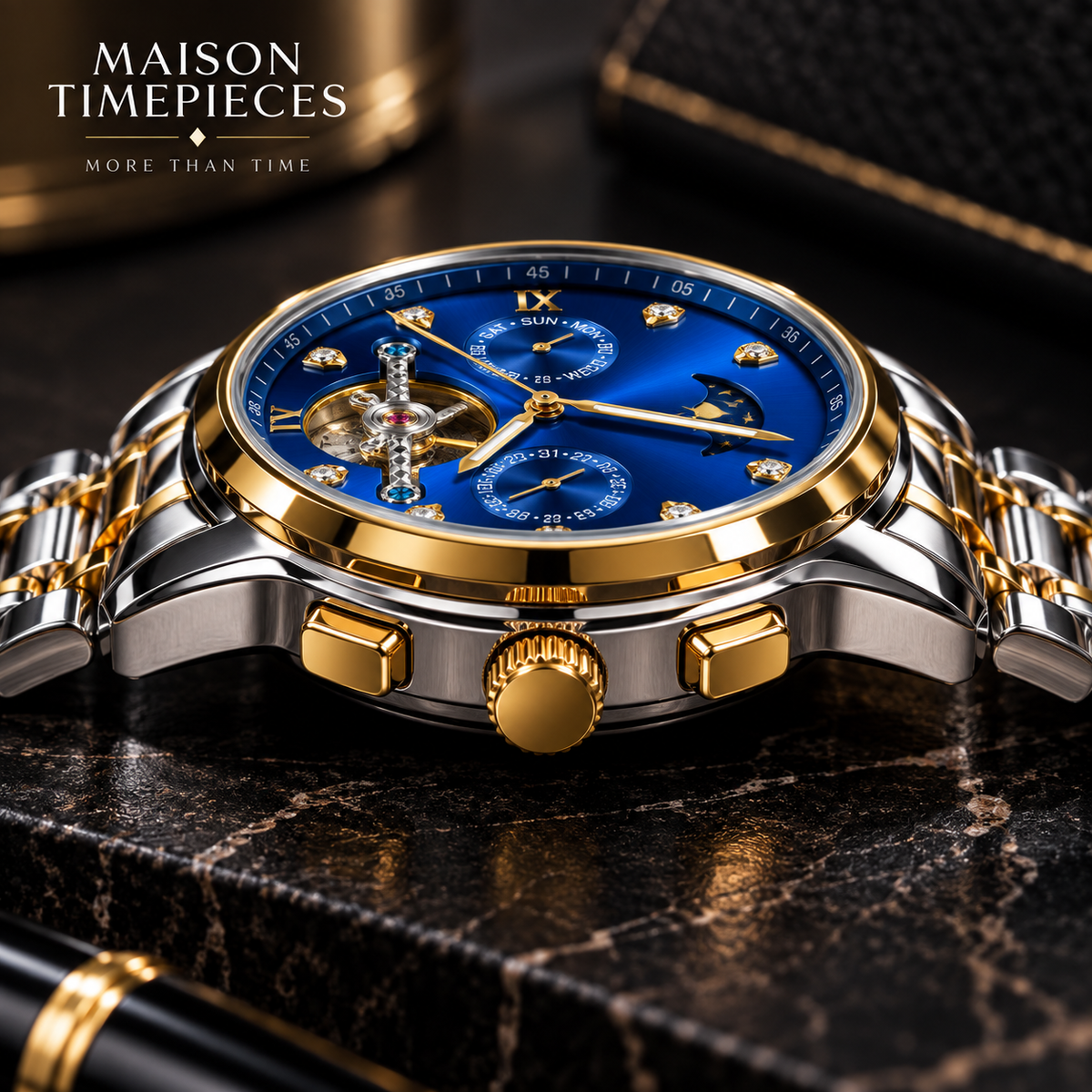 Blue dial automatic watch with two-tone bracelet worn on the wrist in a premium lifestyle setting