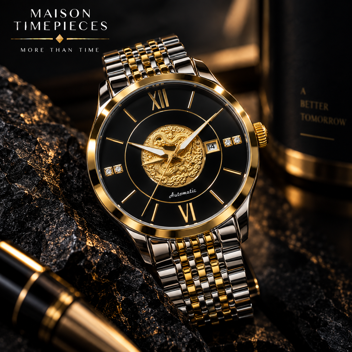 A luxury men's automatic watch by Maison Timepieces, featuring a two-tone gold and silver stainless steel bracelet, a black dial with Roman numerals, and a prominent gold dragon emblem in the center. The watch is styled on dark textured rocks with a gold-toned pen and a bottle in the background.