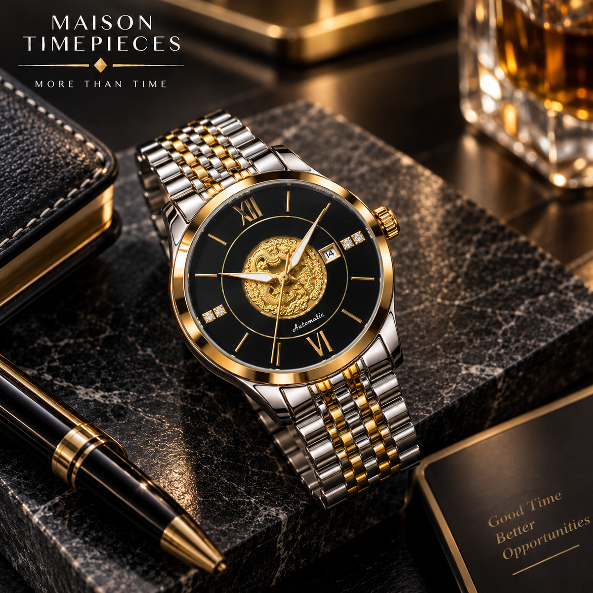 A Maison Timepieces men's watch with a two-tone silver and gold metal bracelet, a black dial, and a gold dragon motif at the center, displayed on a dark marble block with a pen and glasses in the background.