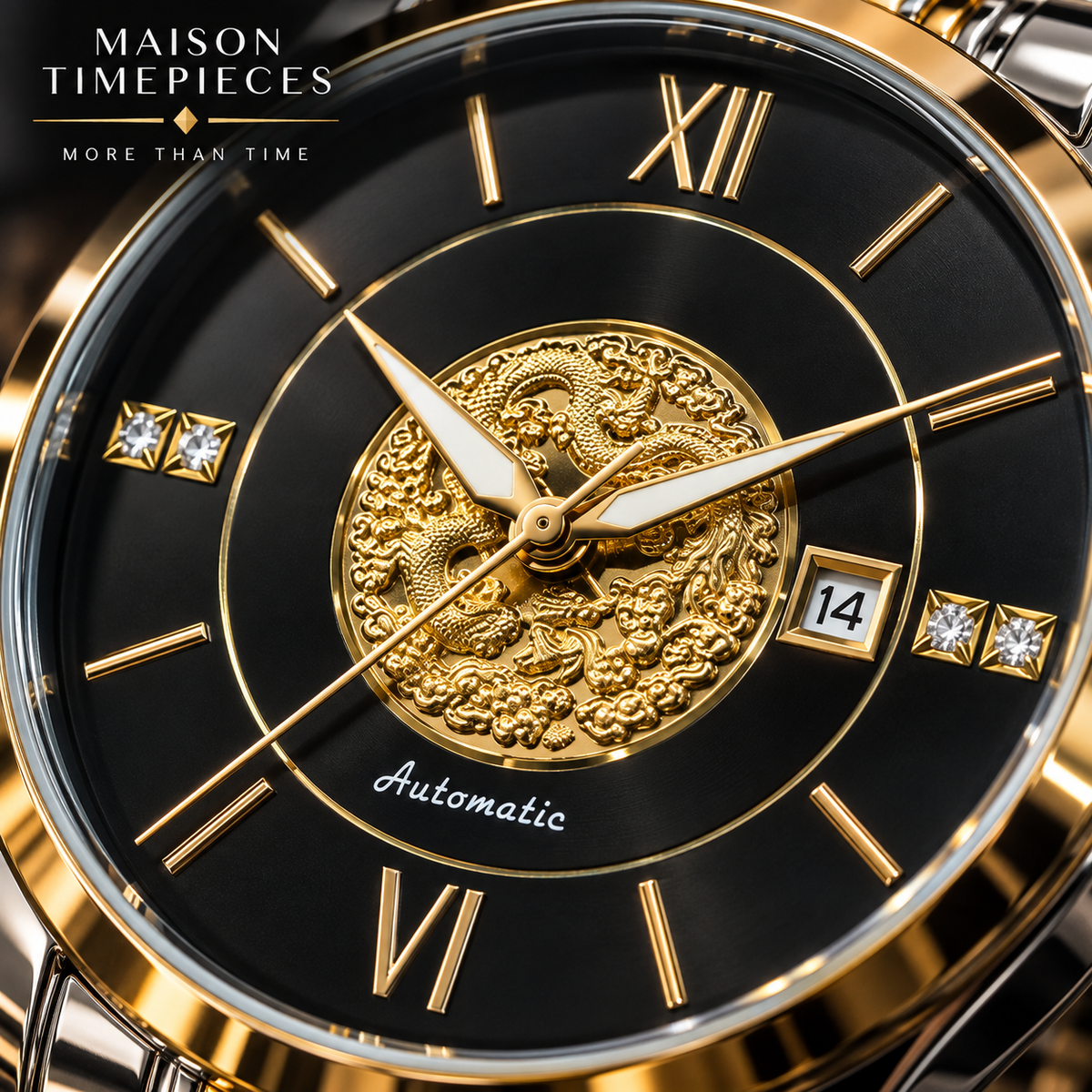 Close-up of a Maison Timepieces automatic watch with a black dial, gold-tone case, Roman numerals, a raised gold dragon motif at the center, and diamond hour markers.