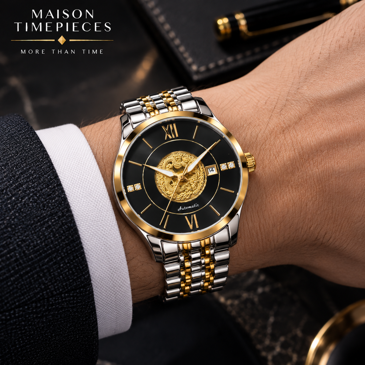 A close-up of a wrist wearing a Maison Timepieces men's watch. The watch features a black dial with a gold lion emblem in the center, Roman numerals, and a two-tone silver and gold stainless steel link bracelet.