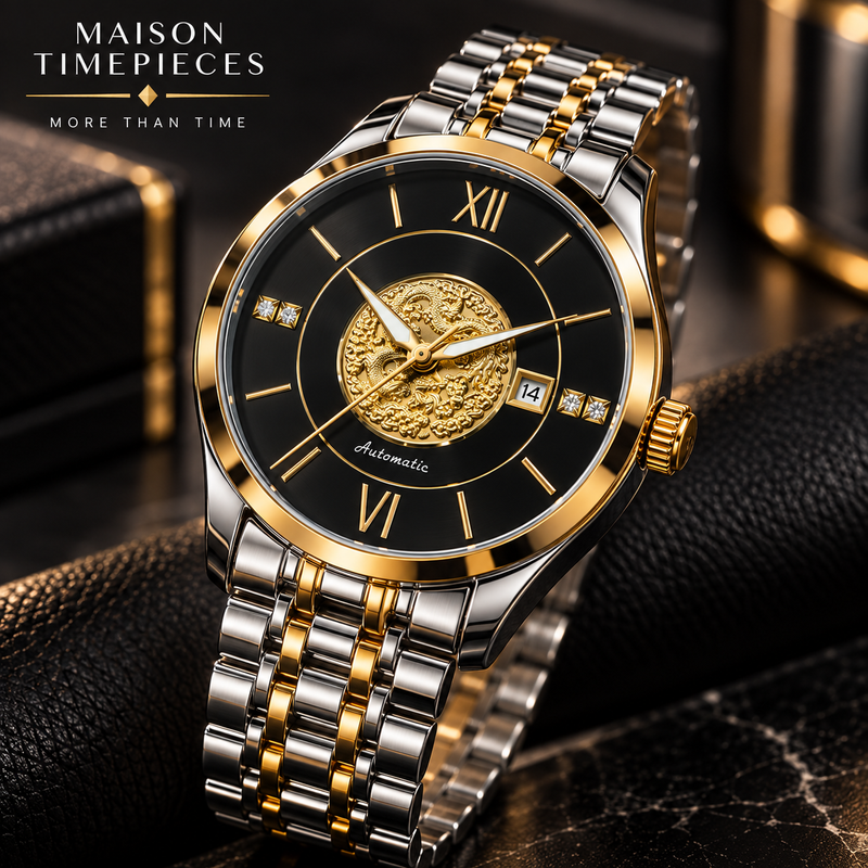 A Maison Timepieces automatic watch with a two-tone silver and gold stainless steel bracelet, a gold-tone case, and a black dial featuring a central gold mechanical gear design.