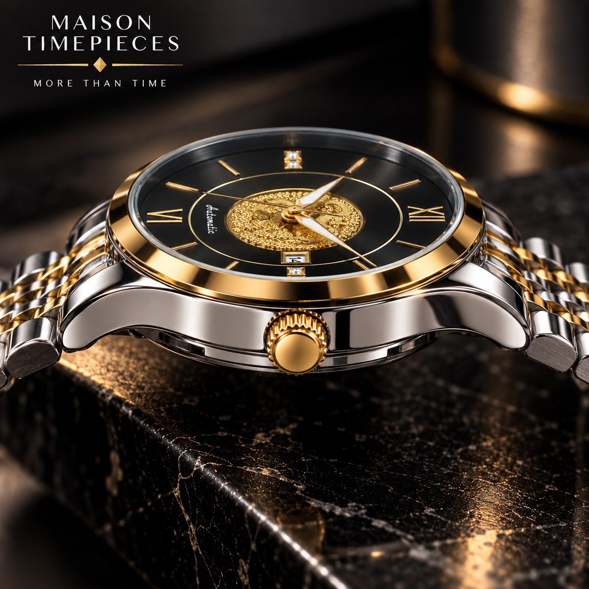 A close-up of a Maison Timepieces men's watch with a black dial, gold-tone details, and a two-tone silver and gold stainless steel link bracelet, resting on a dark marble surface.