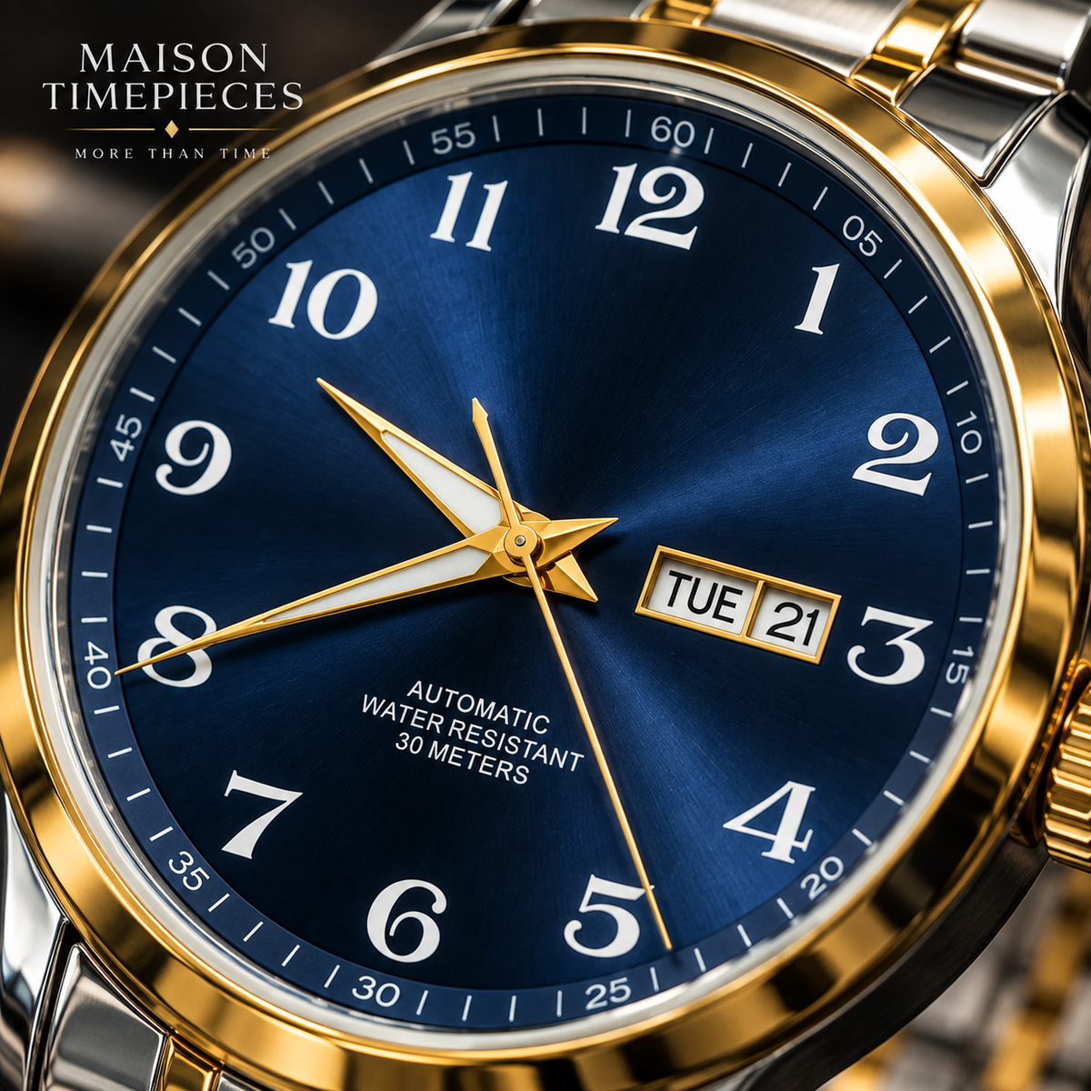 Close-up of automatic watch with blue dial, Arabic numeral markers, gold hands and day-date display.