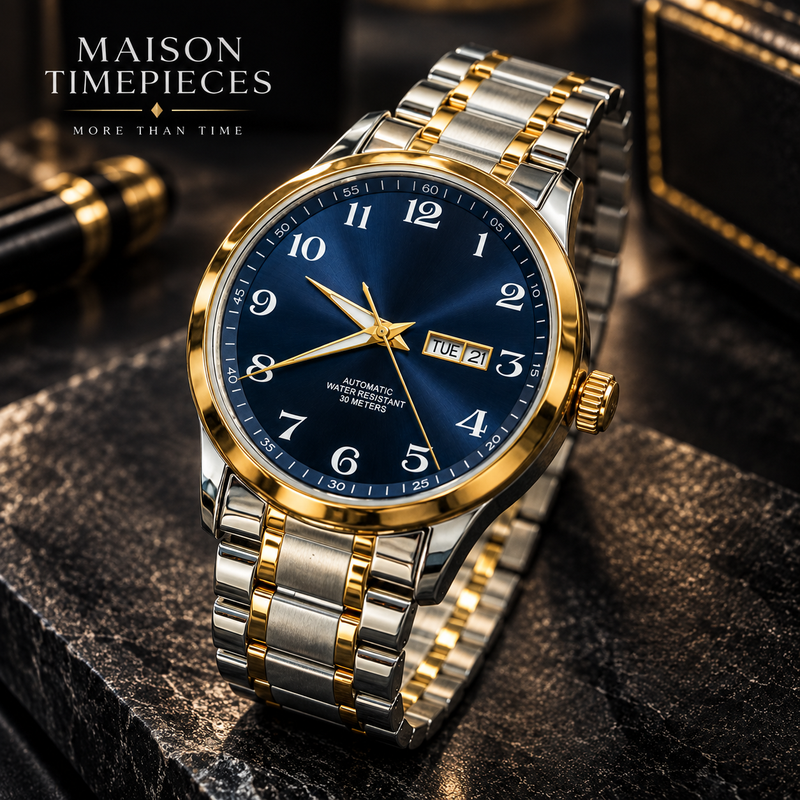 Automatic watch with deep blue dial, gold bezel and two-tone stainless steel bracelet.