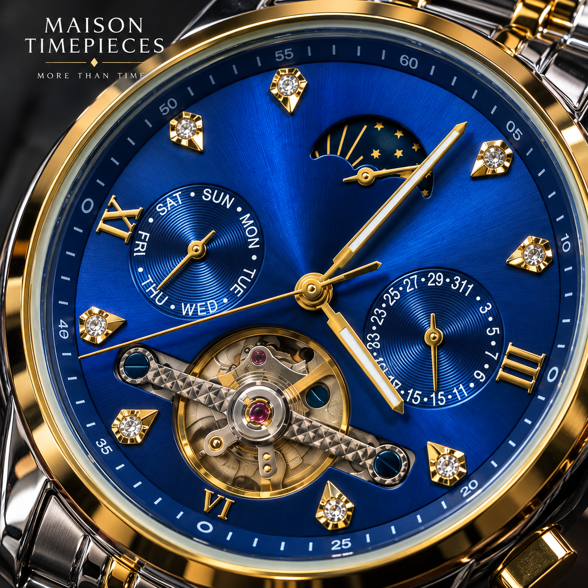 Close-up of blue dial automatic watch featuring open mechanical movement, subdials and gold-tone details