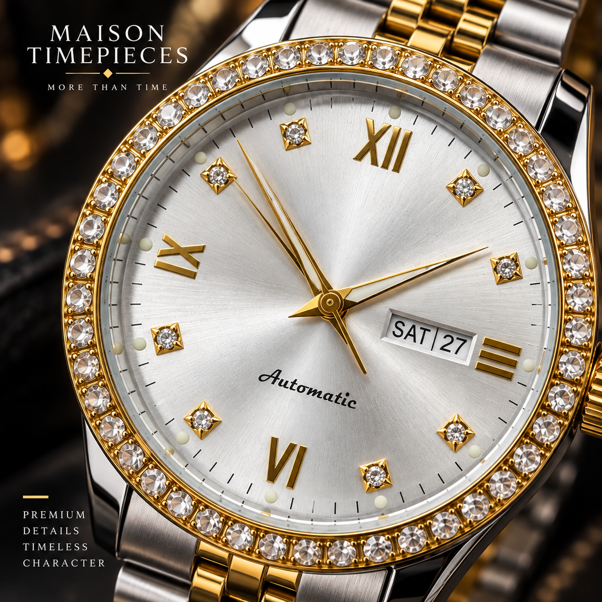 Two-tone automatic watch with exhibition caseback showing mechanical movement
