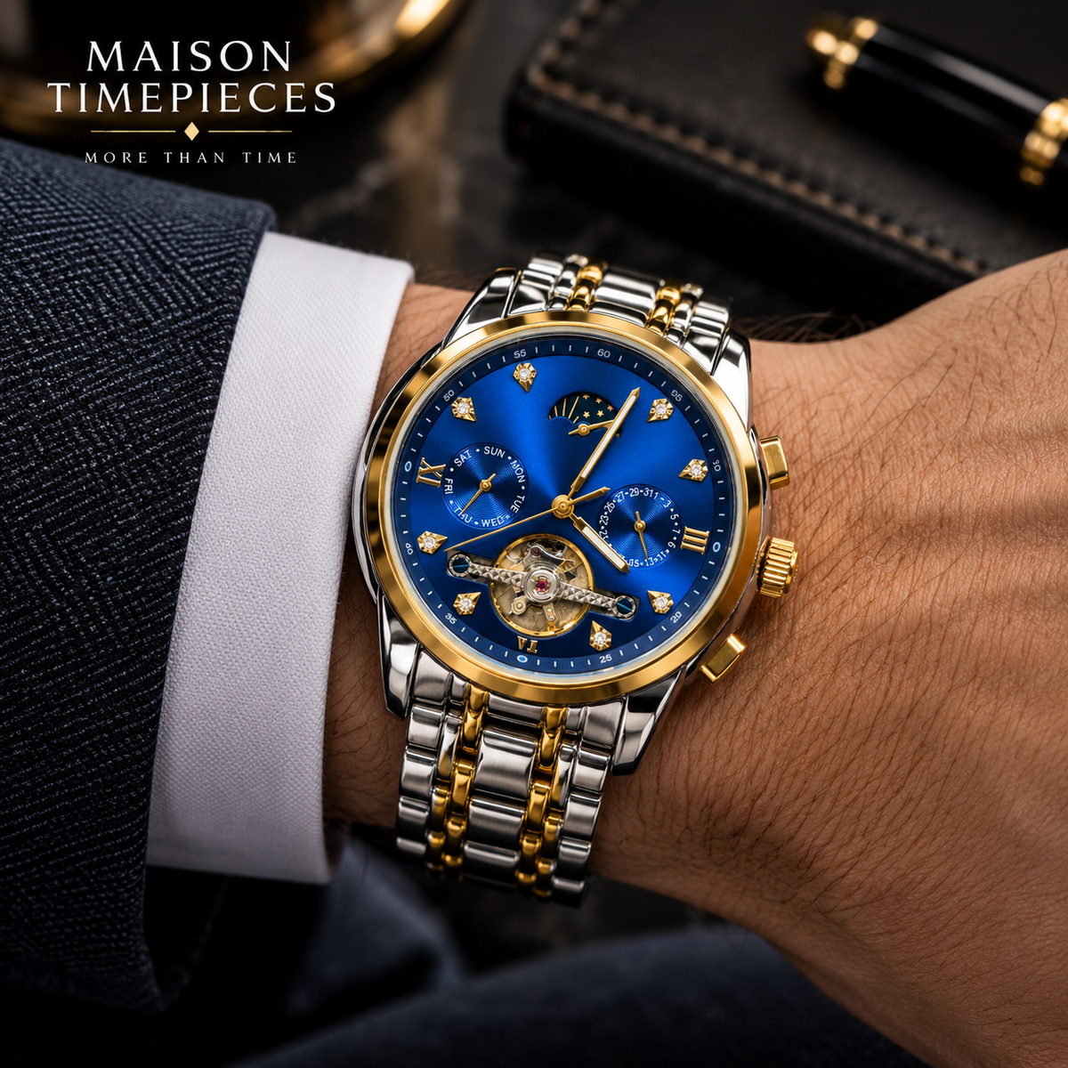 Side profile of automatic watch showing polished gold-tone bezel, stainless steel case and crown details
