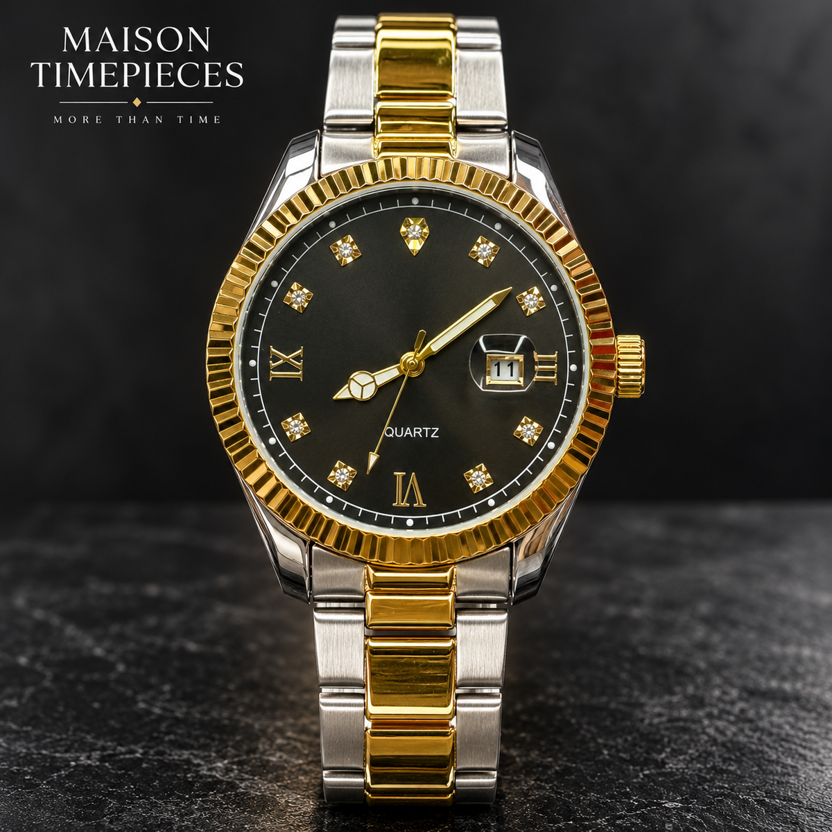 Close-up of black watch dial with gold hands, diamond-style hour markers and date display