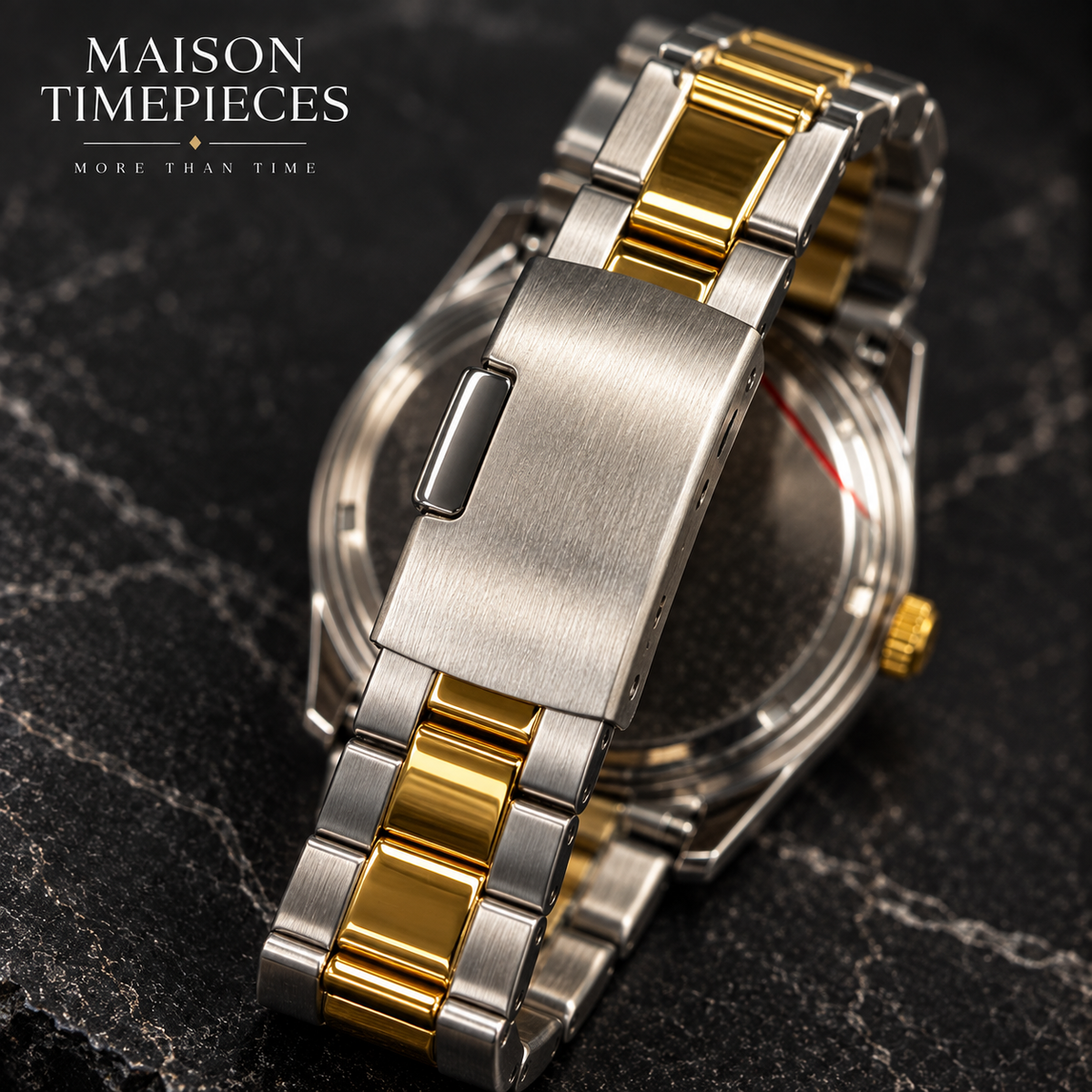 Detailed close-up of black dial watch with gold fluted bezel, gold hands and hour markers