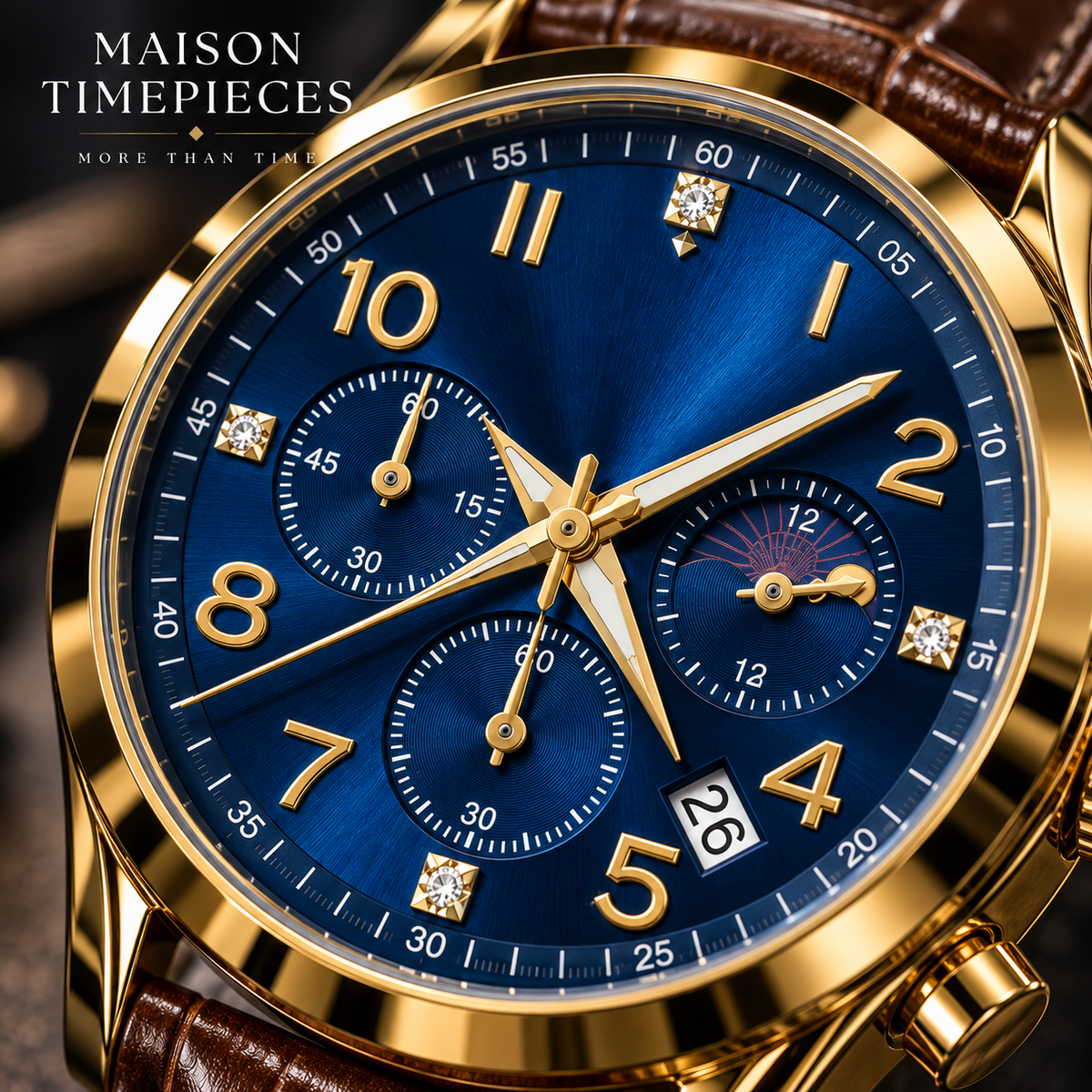 Close-up of blue chronograph dial with gold hands, subdials and date display