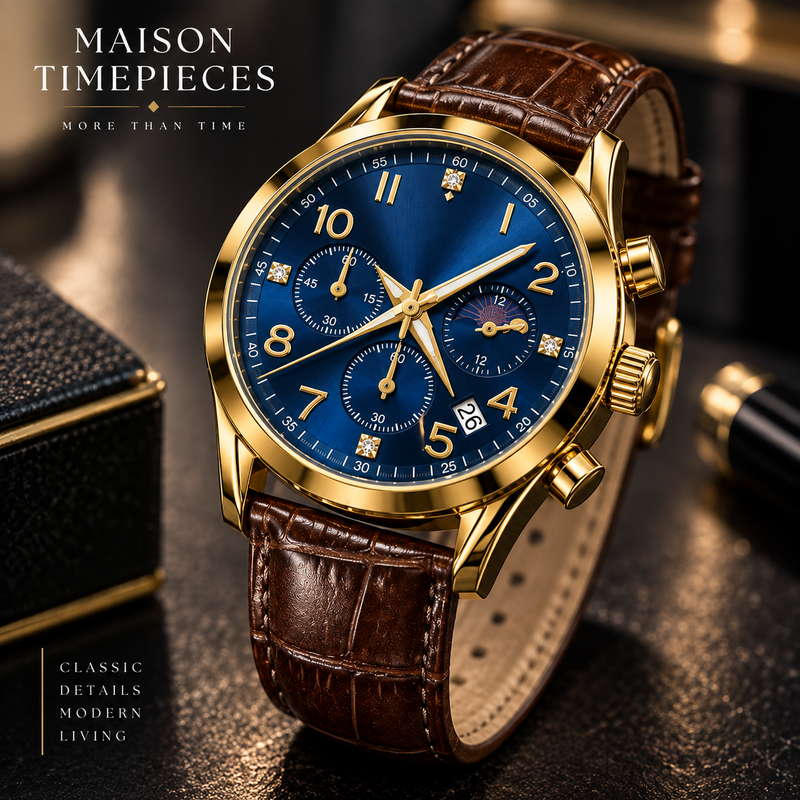 Blue dial gold-tone chronograph watch shown from a premium 45-degree angle