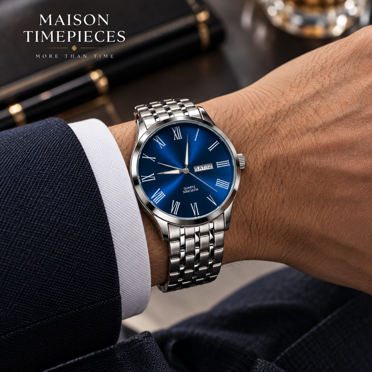 Blue dial men's quartz watch with polished stainless steel multi-link bracelet