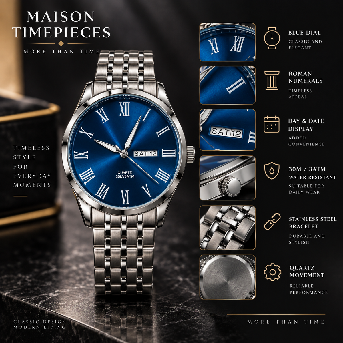 Blue dial quartz watch featuring Roman numeral markers, day date display and stainless steel bracelet