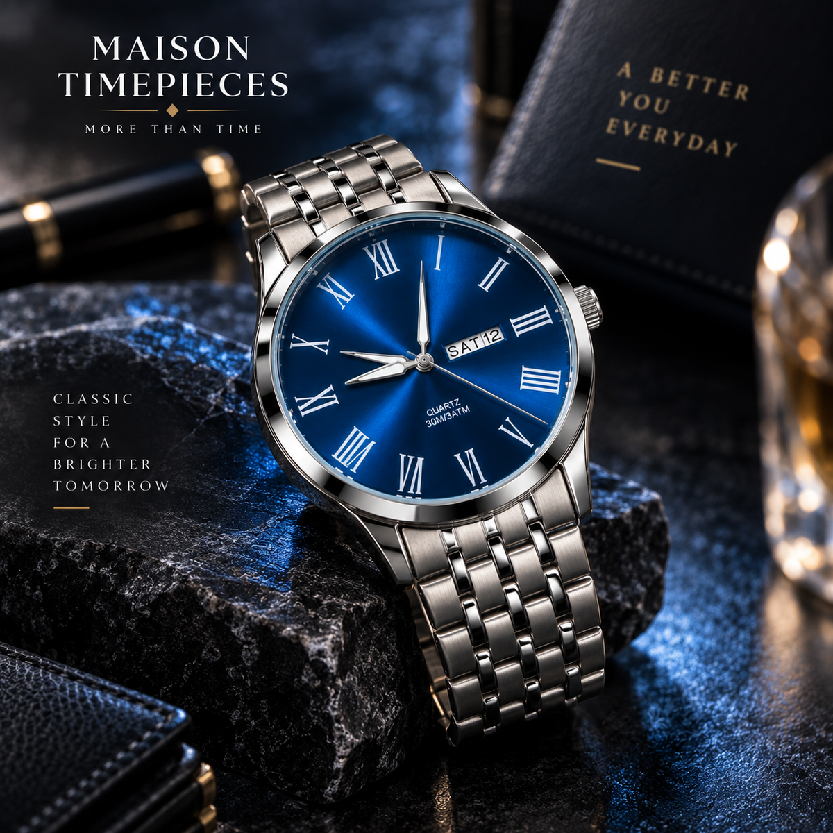 Blue dial stainless steel quartz watch in a luxury Maison Timepieces lifestyle setting