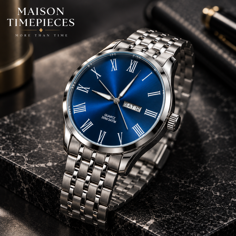 Blue dial stainless steel quartz watch shown from a premium 45 degree angle