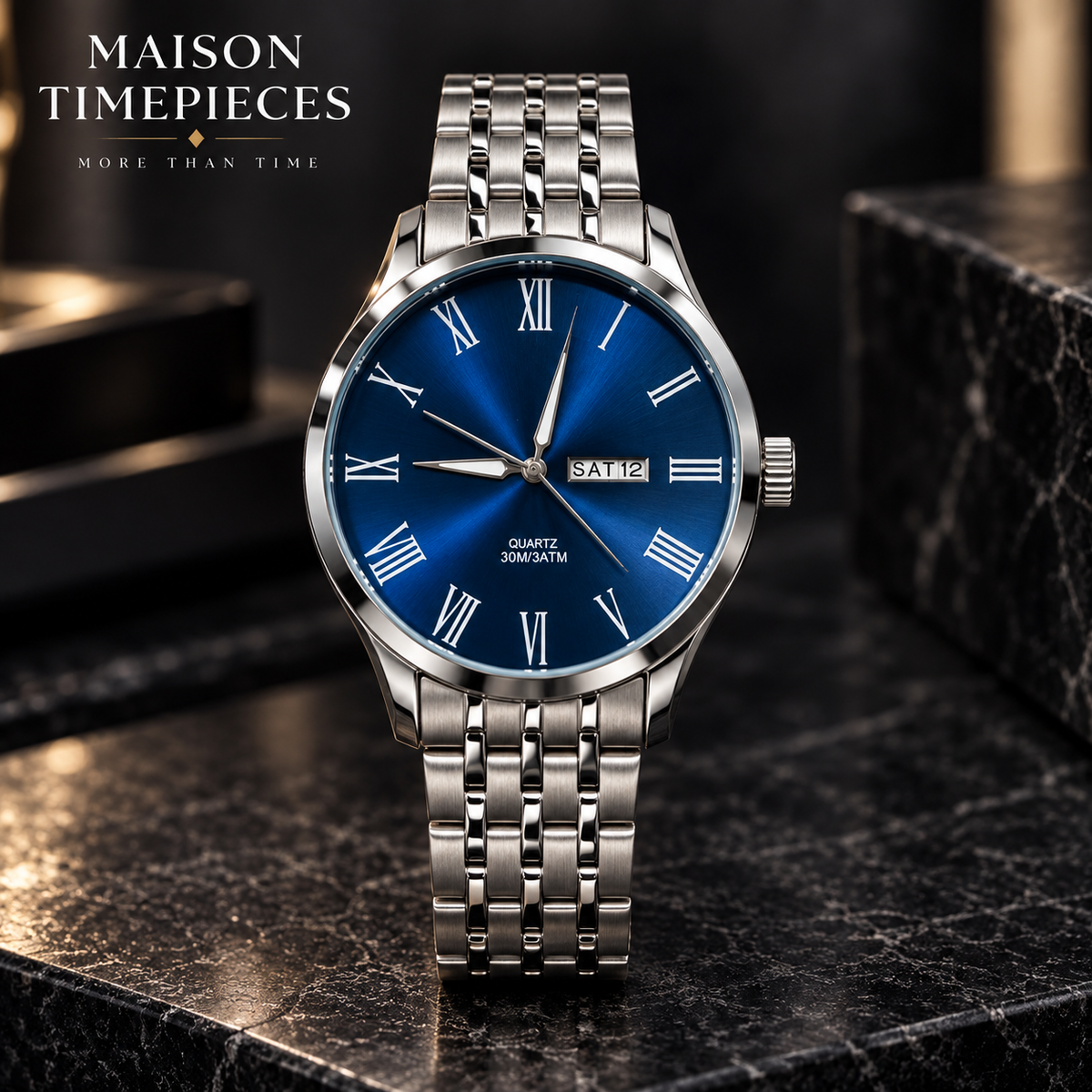 Blue dial quartz watch with Roman numerals and stainless steel bracelet front view