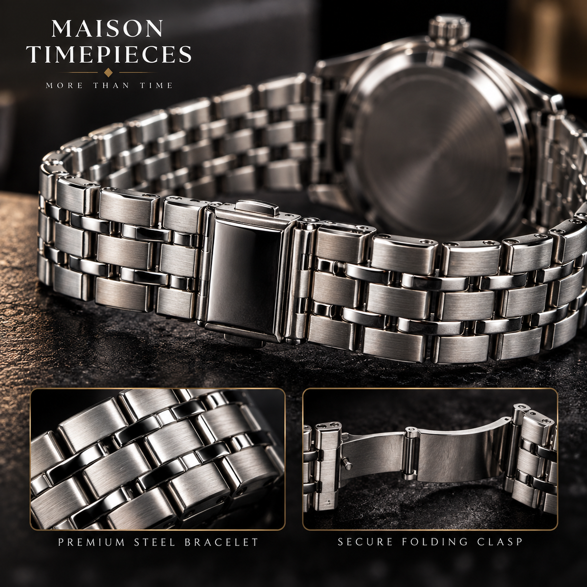 Blue dial stainless steel quartz watch worn on wrist in a smart lifestyle setting