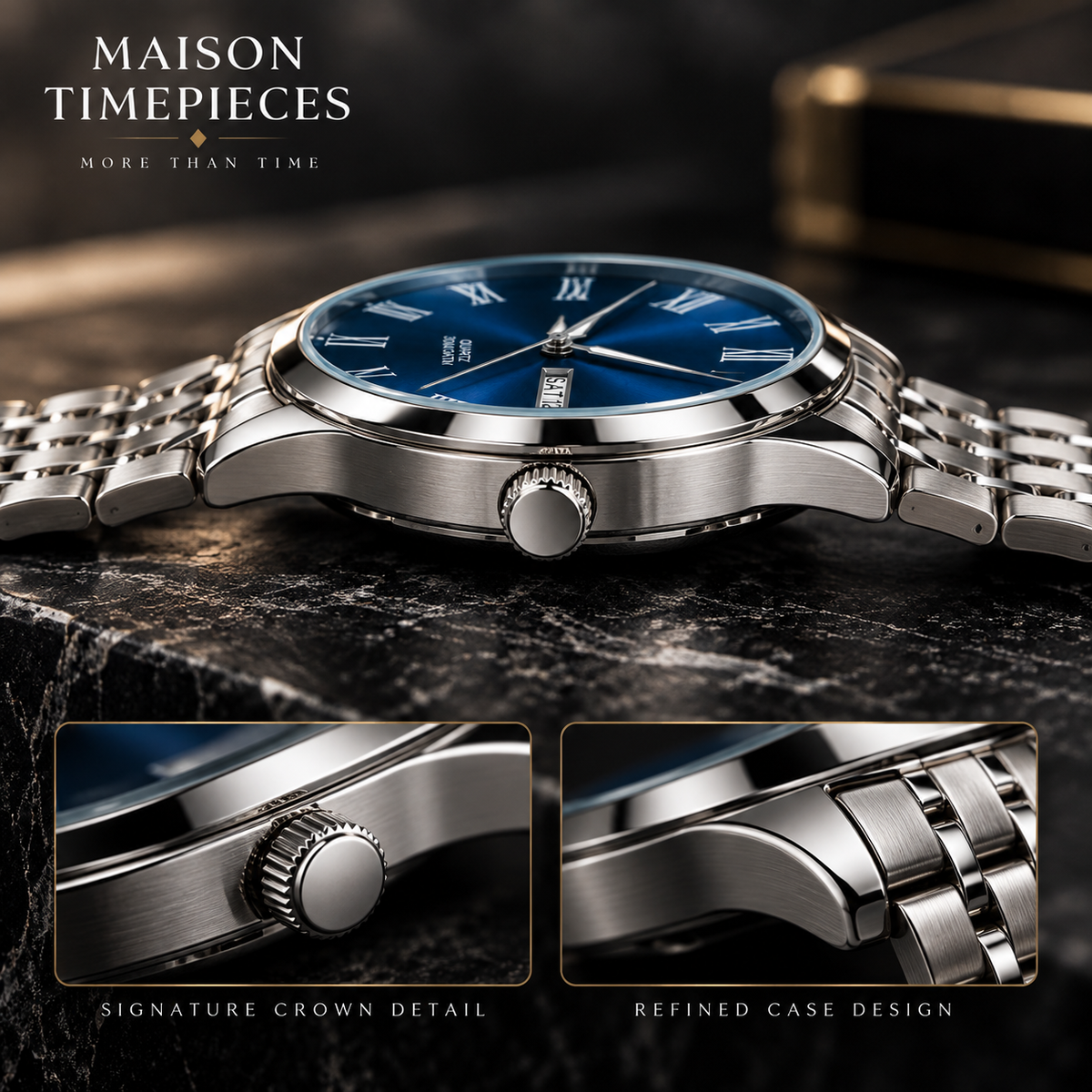 Close-up of blue sunburst watch dial with Roman numerals and day date display