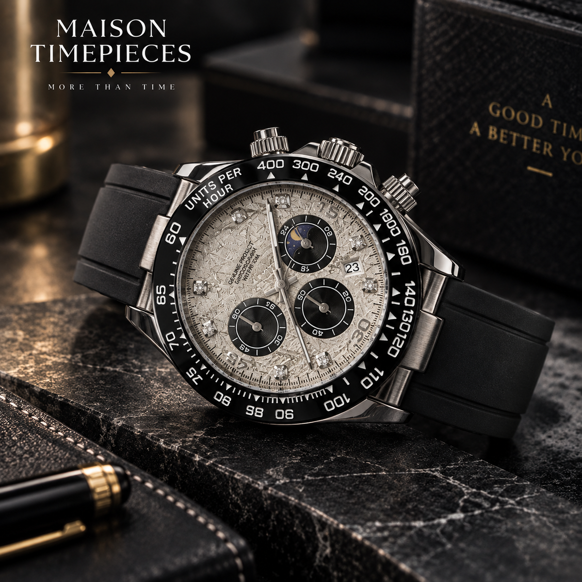 Detailed product view highlighting the textured dial, black chronograph subdials and tachymeter bezel.