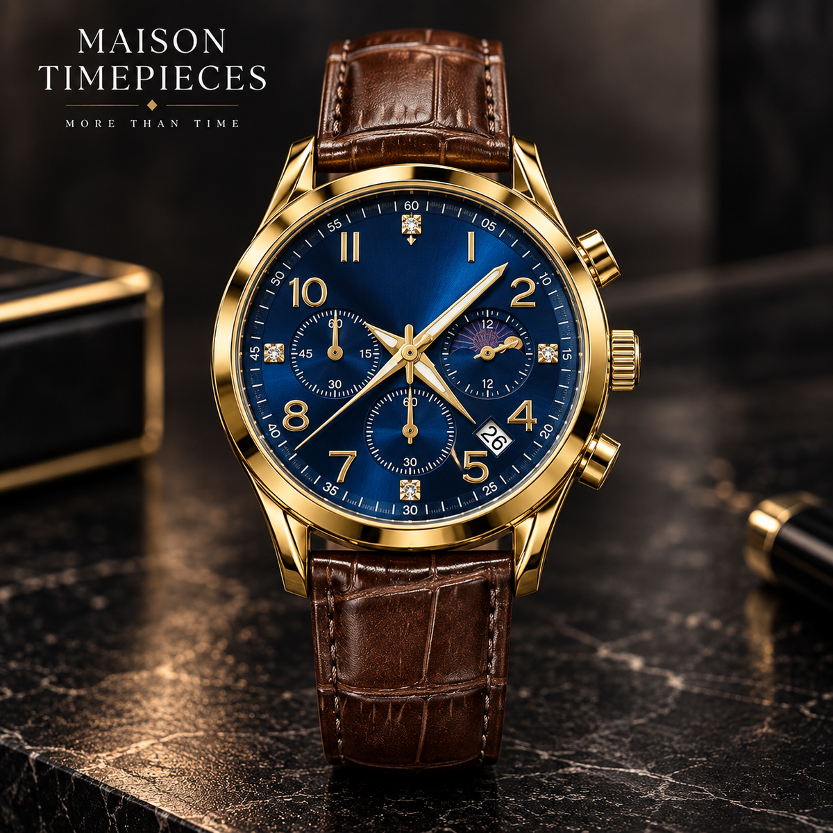 Gold-tone chronograph watch with blue dial and brown leather strap