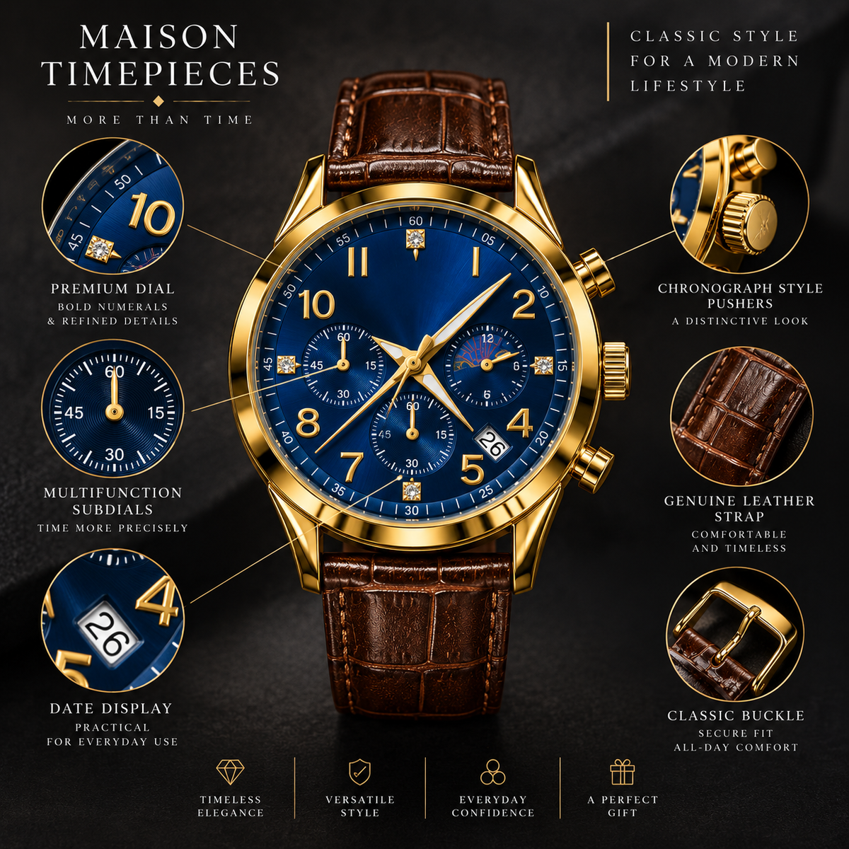 Gold-tone chronograph watch highlighting blue dial, subdials, date window and leather strap