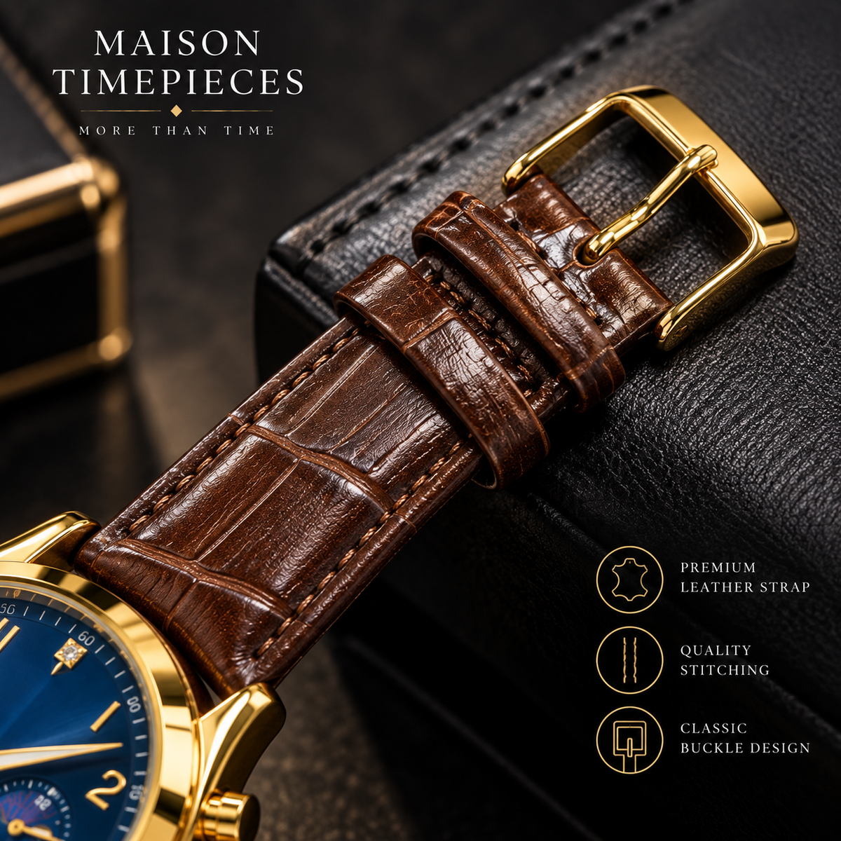 Gold-tone blue dial chronograph watch with brown leather strap worn on the wrist