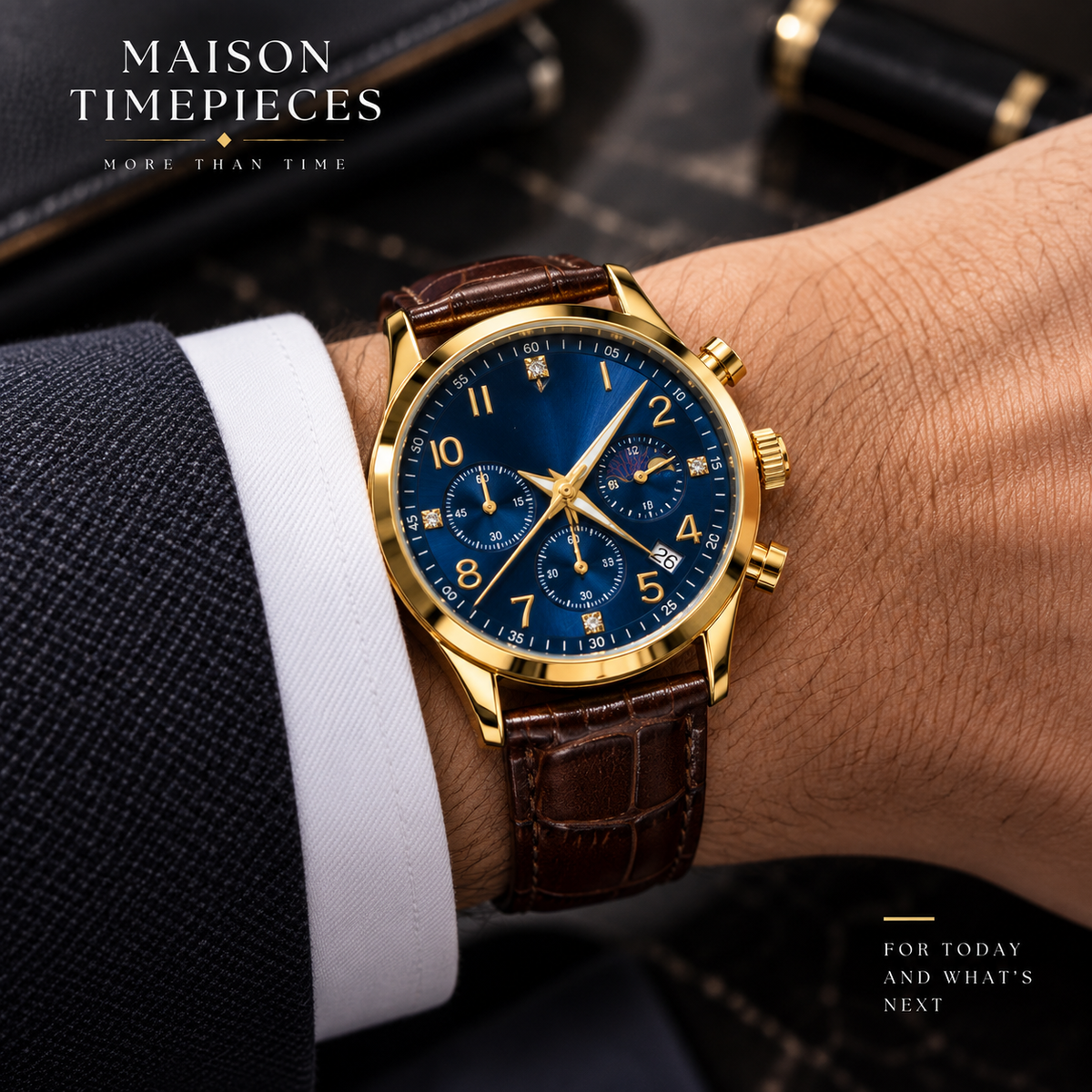 Full view of gold-tone blue dial watch with brown crocodile-pattern leather strap