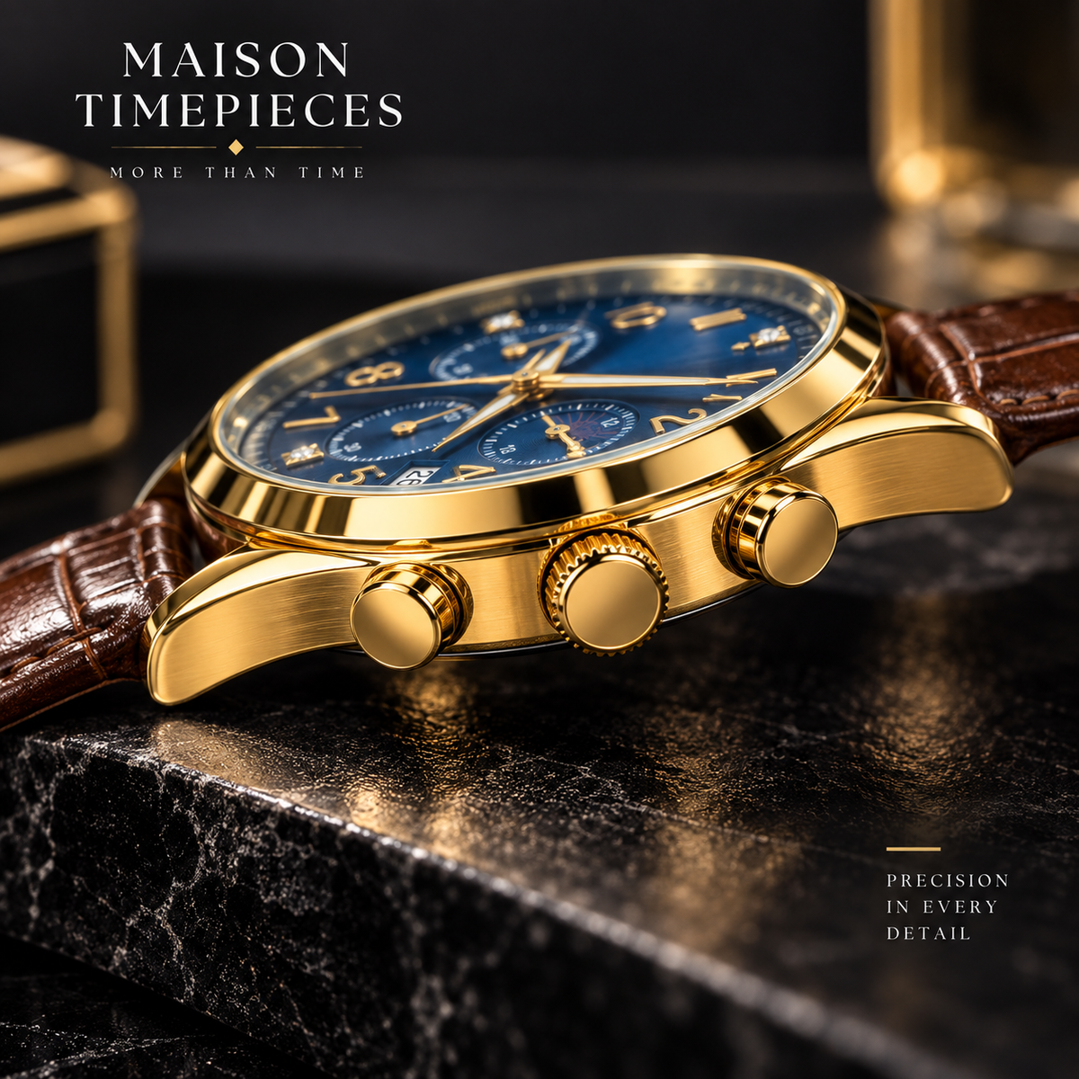 Side profile of gold-tone chronograph watch showing crown, pushers and polished case