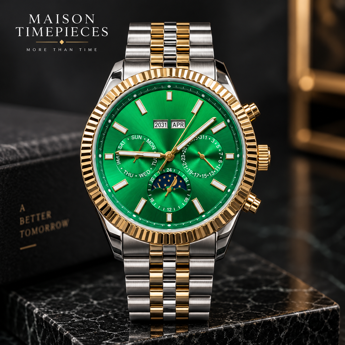 Green dial two-tone multifunction watch with gold fluted bezel and stainless steel bracelet