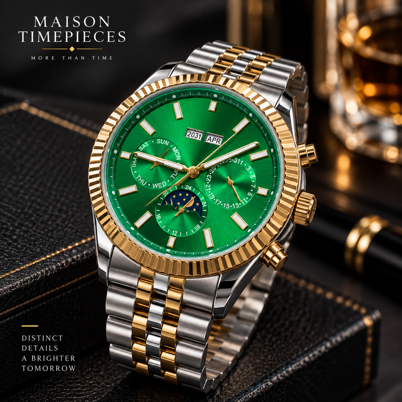 Luxury green dial two-tone watch with gold fluted bezel and polished metal bracelet