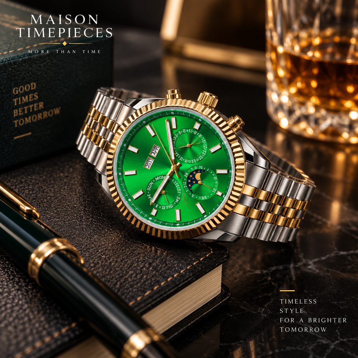 Green dial two-tone watch displayed in a premium lifestyle setting with leather accessories