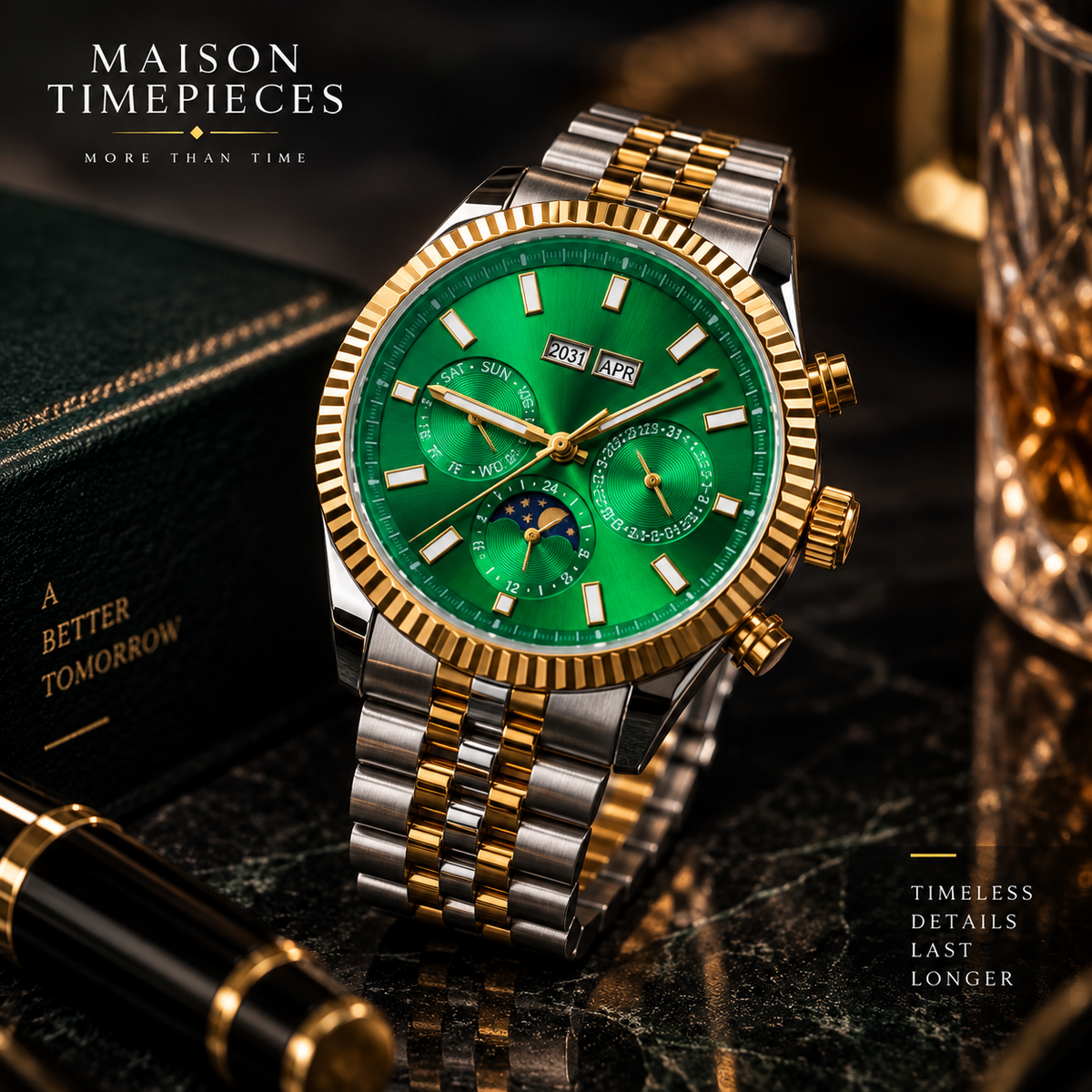 Green dial two-tone multifunction watch with gold fluted bezel in a luxury dark setting