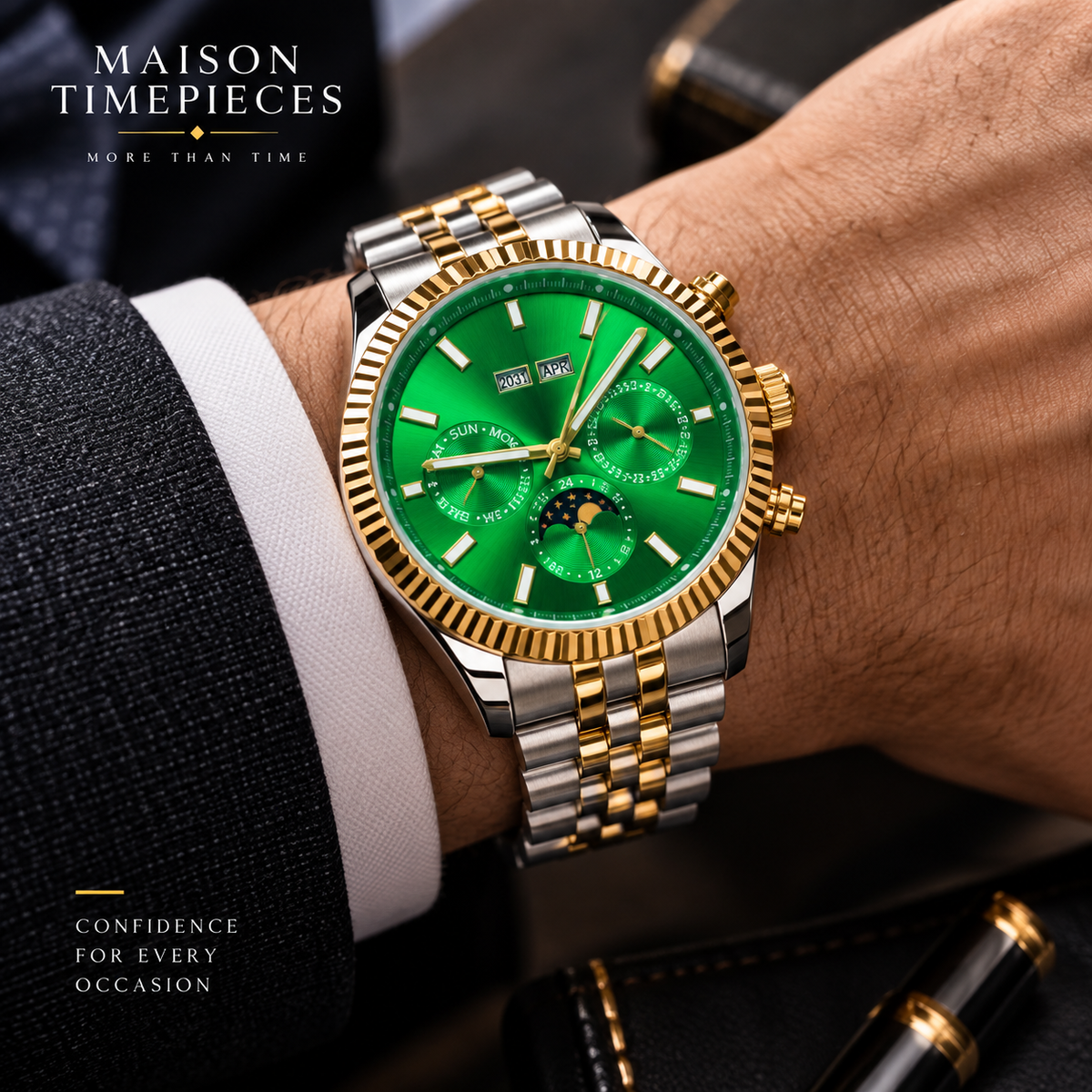 Green dial two-tone watch worn on wrist with business suit and white shirt cuff