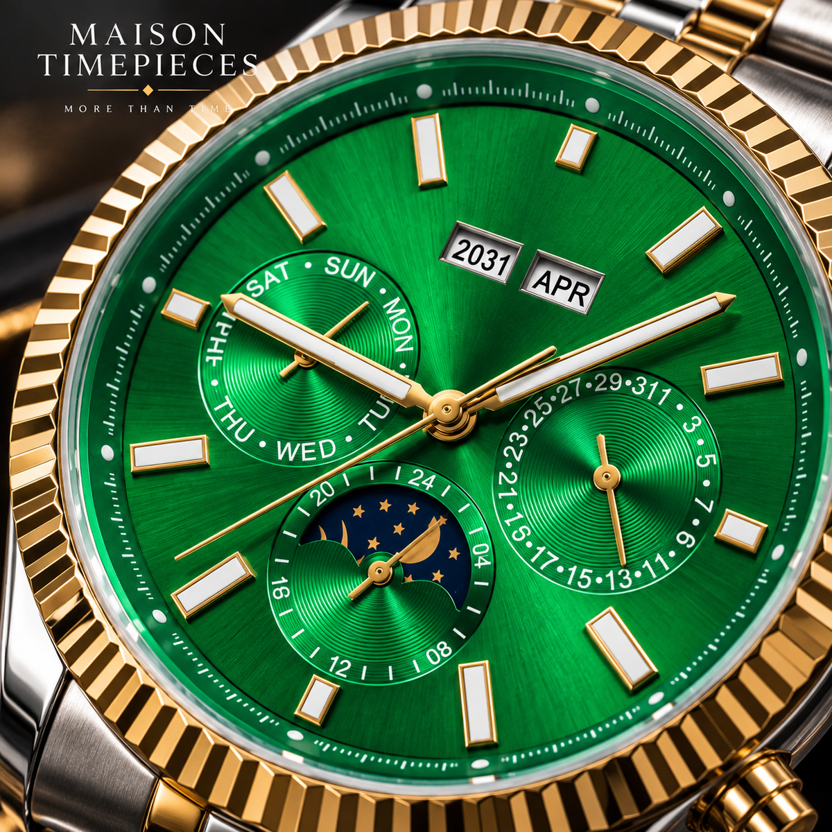 Close-up of green watch dial with day, date and moon phase style multifunction displays