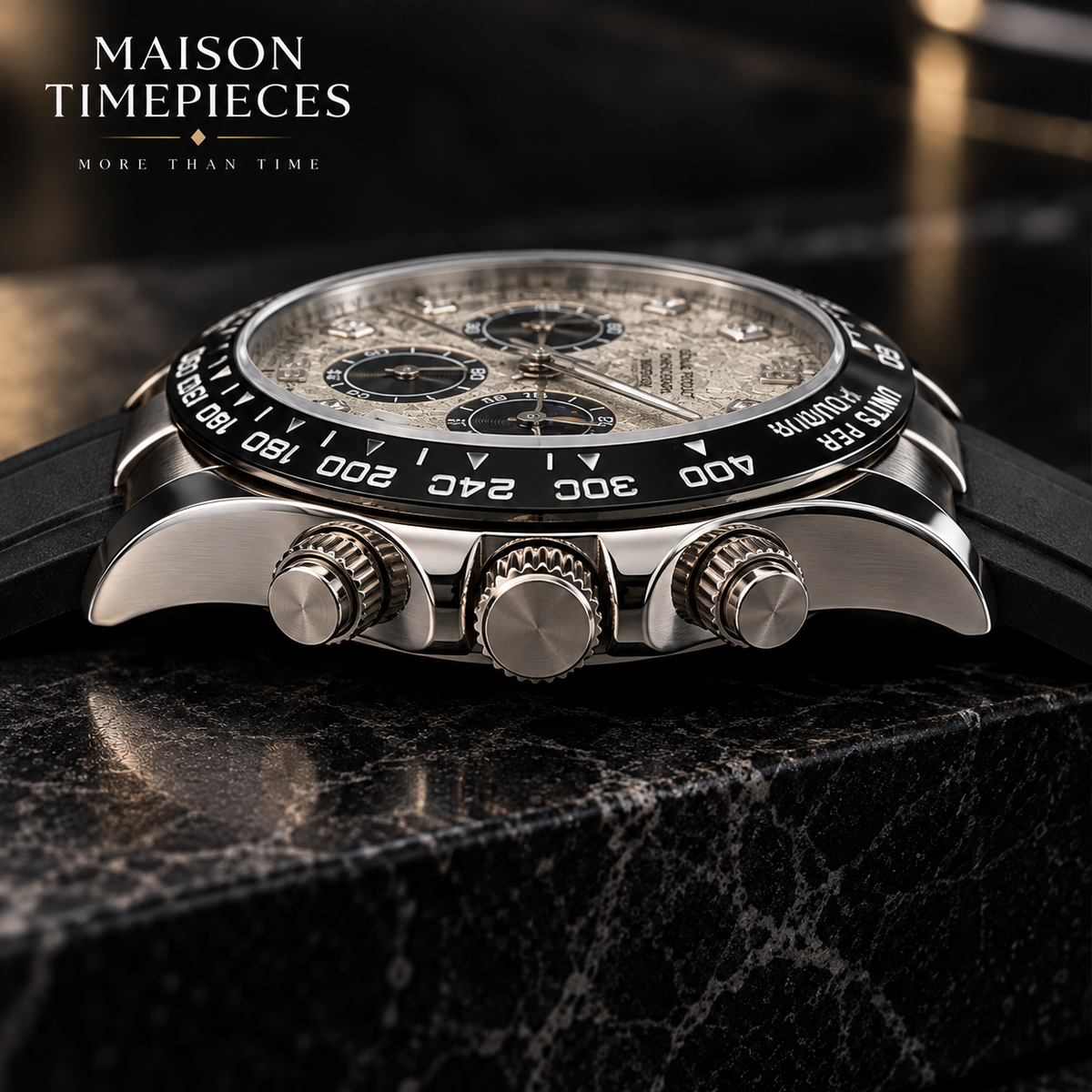 Side profile of luxury chronograph watch showing polished case, crown, pushers and black rubber strap.