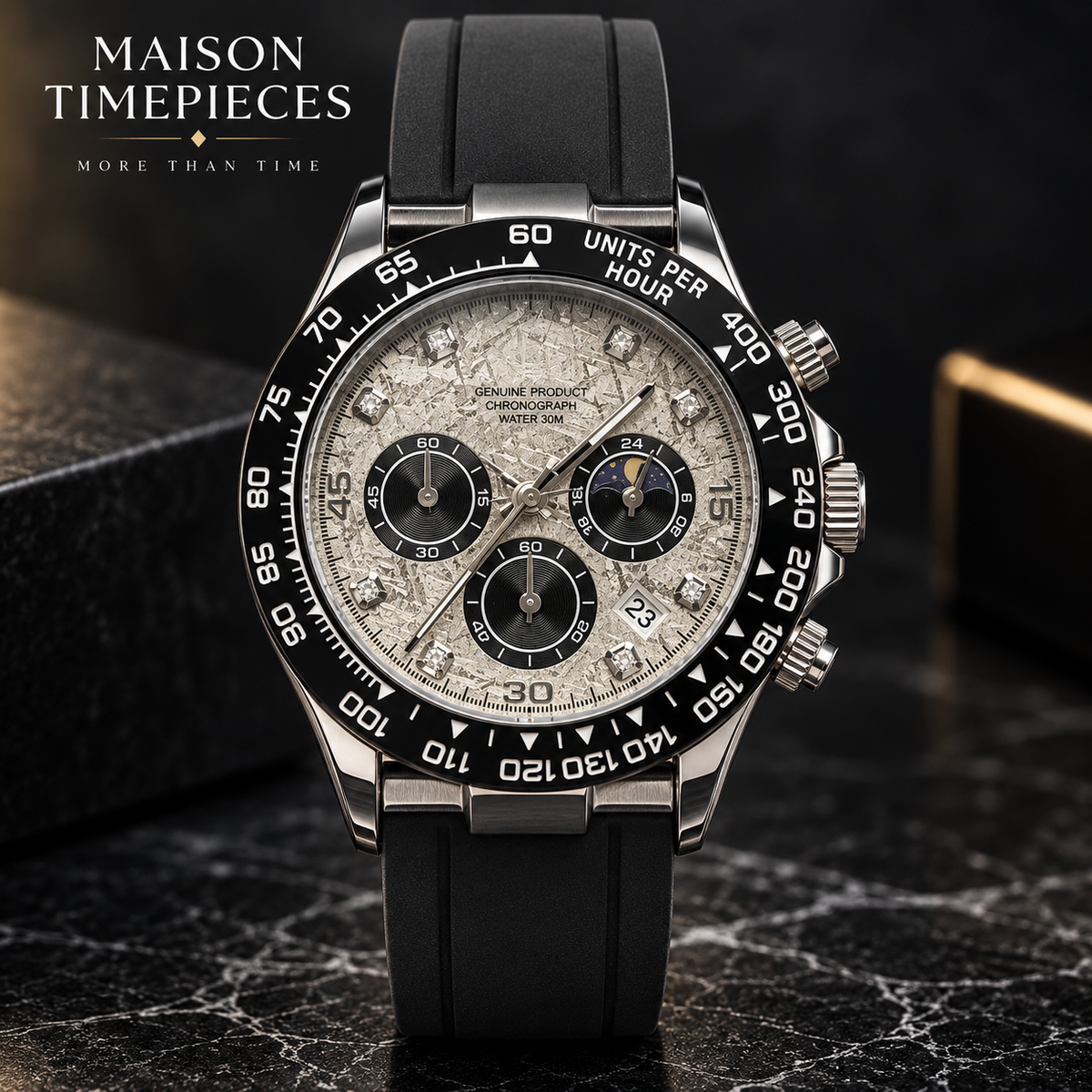 Luxury chronograph watch with textured silver dial, black bezel and black rubber strap
