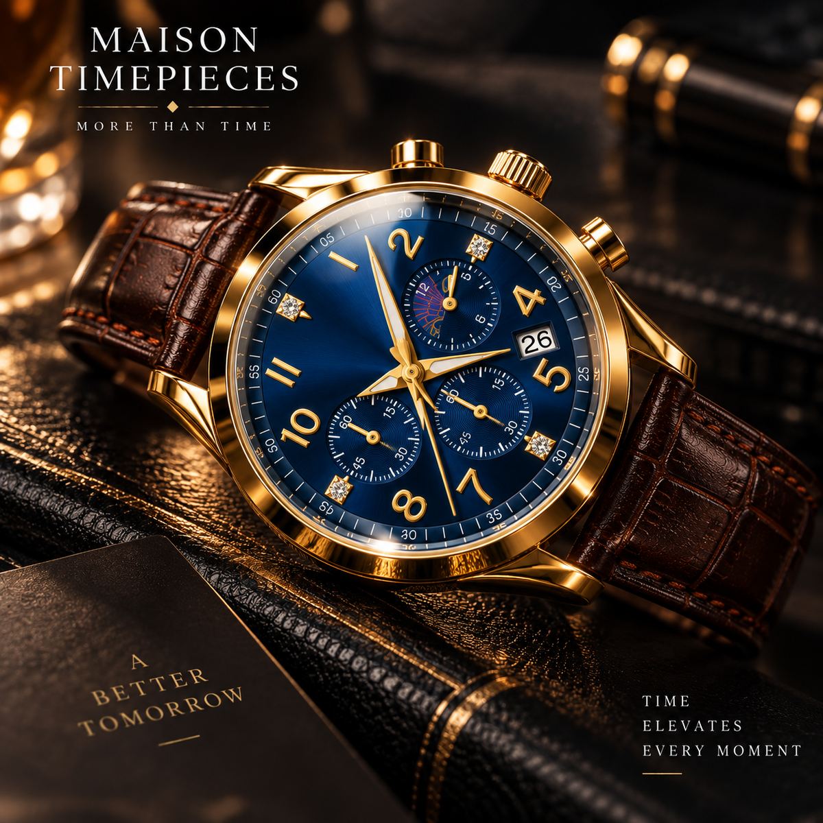 Luxury gold-tone chronograph watch with blue dial and brown leather strap in a premium setting