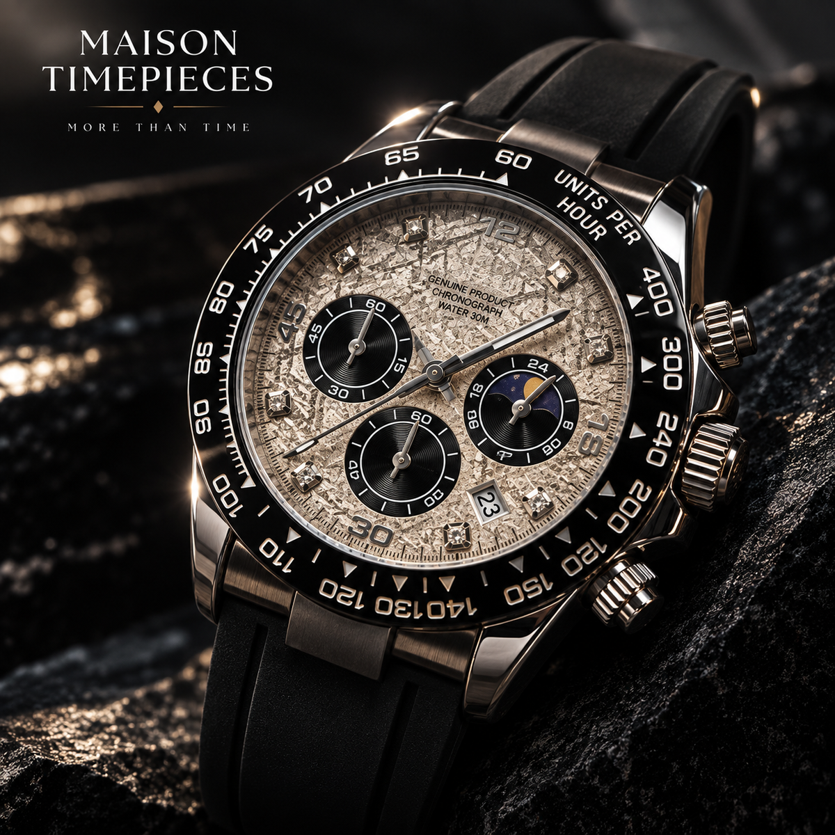 Maison Timepieces curated men's chronograph watch with textured silver dial and black rubber strap in a luxury setting.