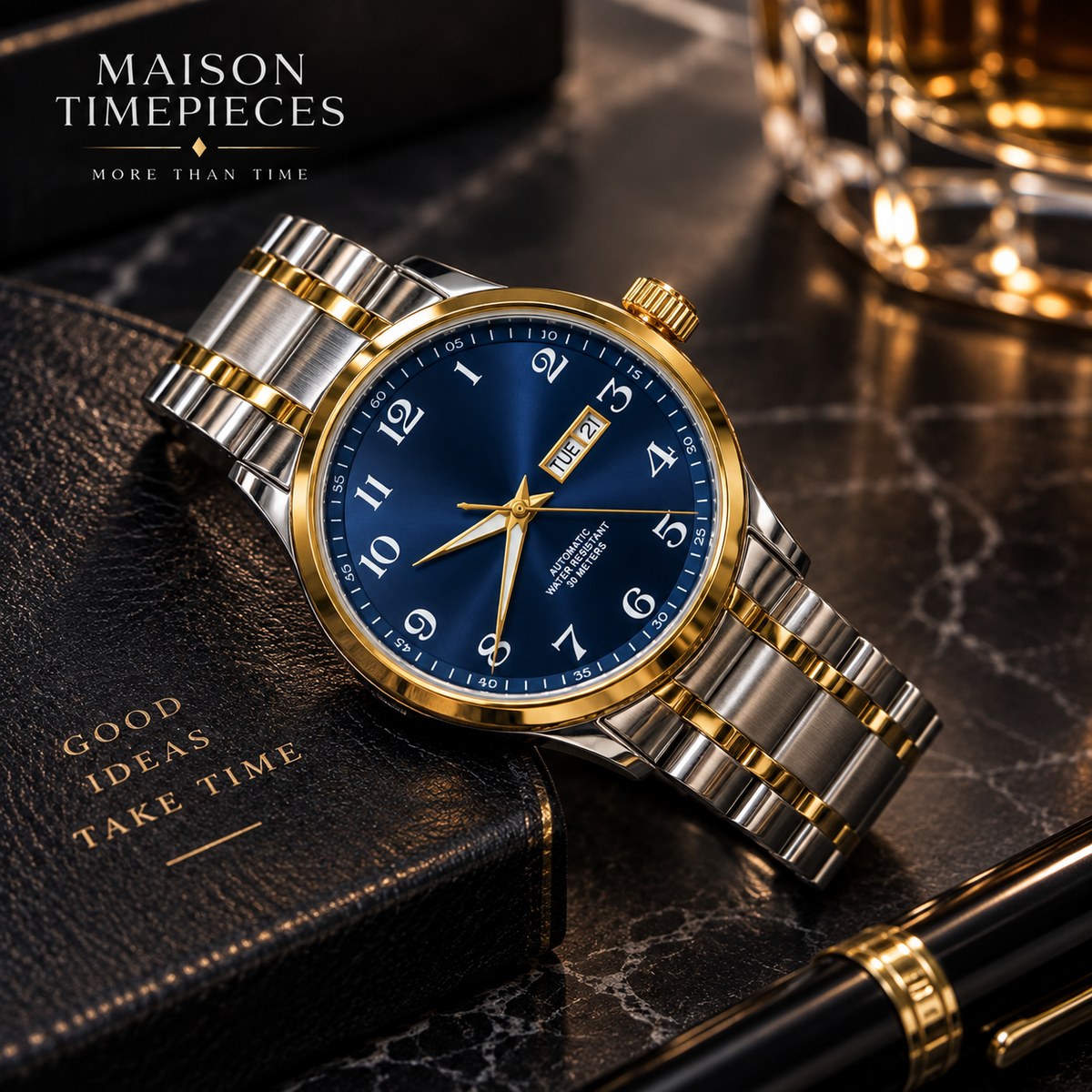 Luxury two-tone automatic watch with blue dial displayed in an elegant dark setting.