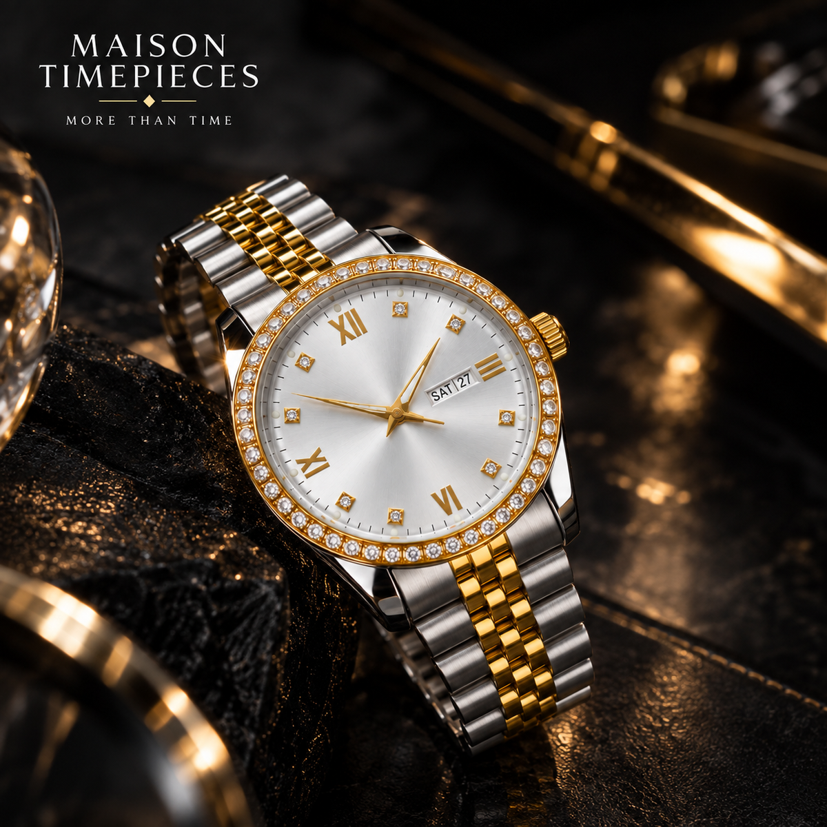 Luxury two-tone automatic watch with silver dial displayed in a dark premium setting